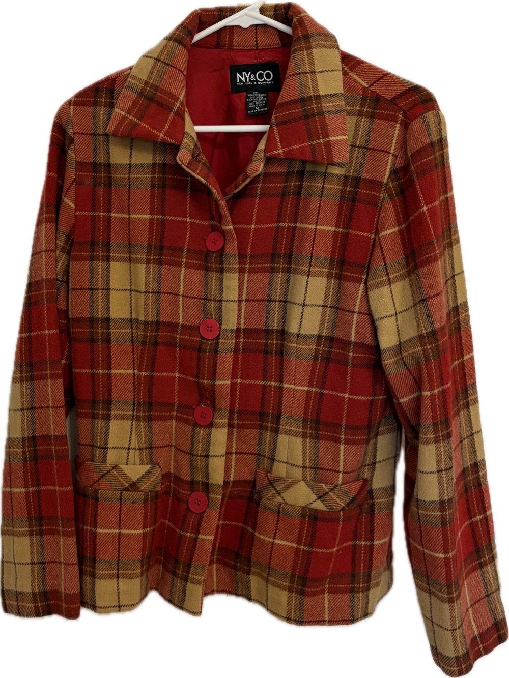 New York & Company Red and Tan Plaid Button-Front Blazer